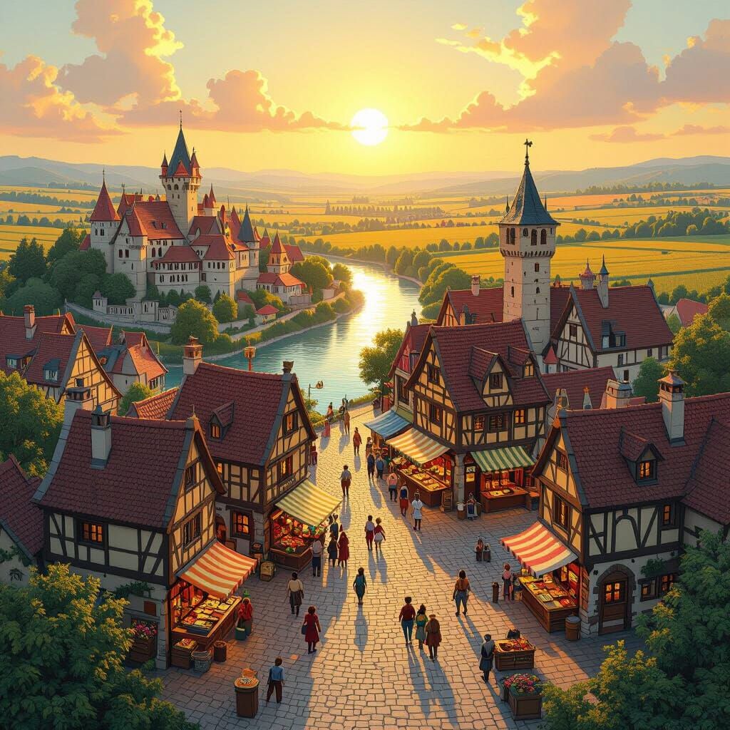 Overhead Map of Riverside Medieval Town at Sunset