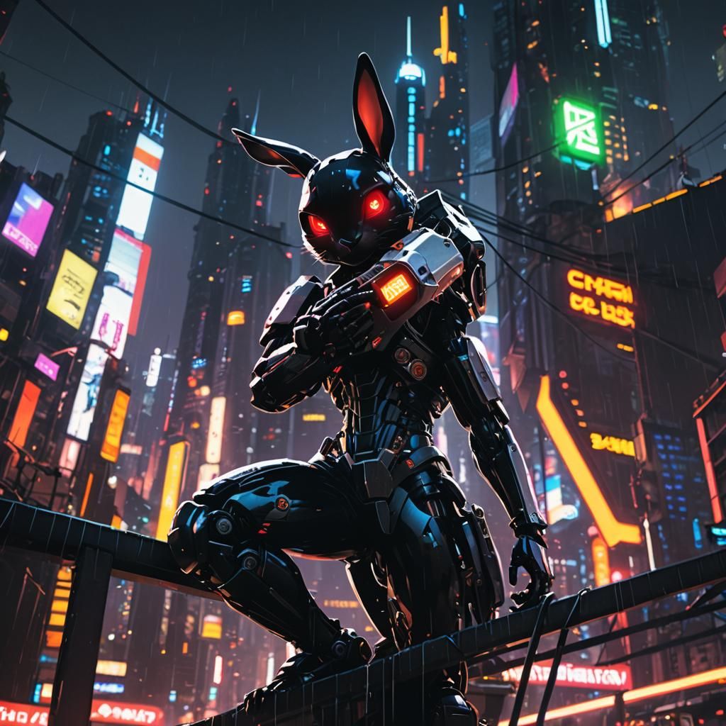 Cyberpunk Rabbit on Futuristic Cityscape at Night
