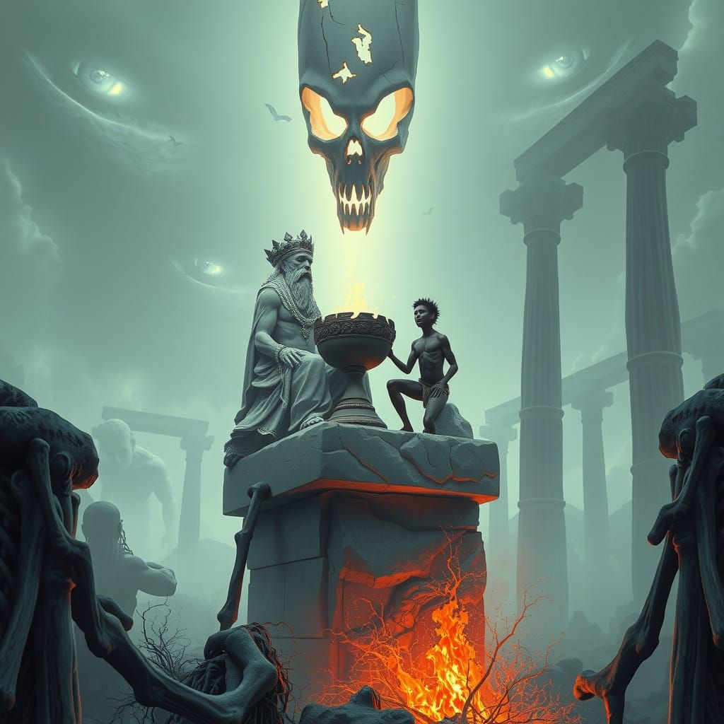 Dark Fantasy Scene: Gilgamesh and Enkidu in Eerie Fog