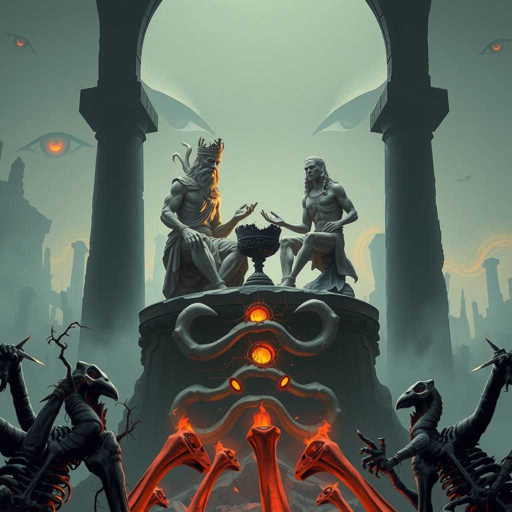 Surreal Cathedral of Titanic Beings in Dark Fantasy Style