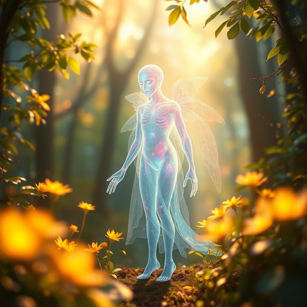 Ethereal fantasy art. Medium shot. A holographic forest spirit with a ghostly, translucent look stands amidst a lush, vi...