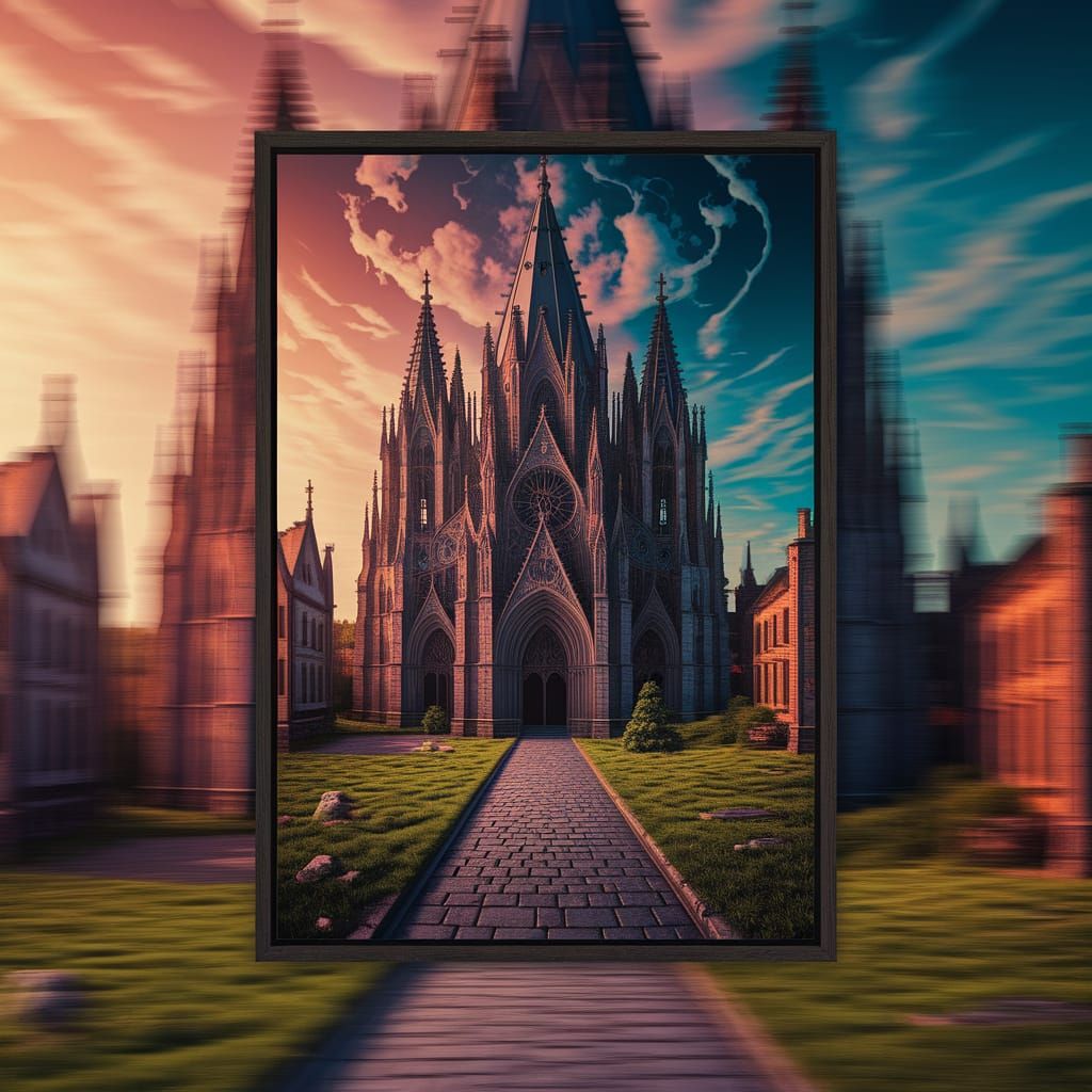 Gothic Cathedral Meets Vaporwave in Trompe L'oeil Style