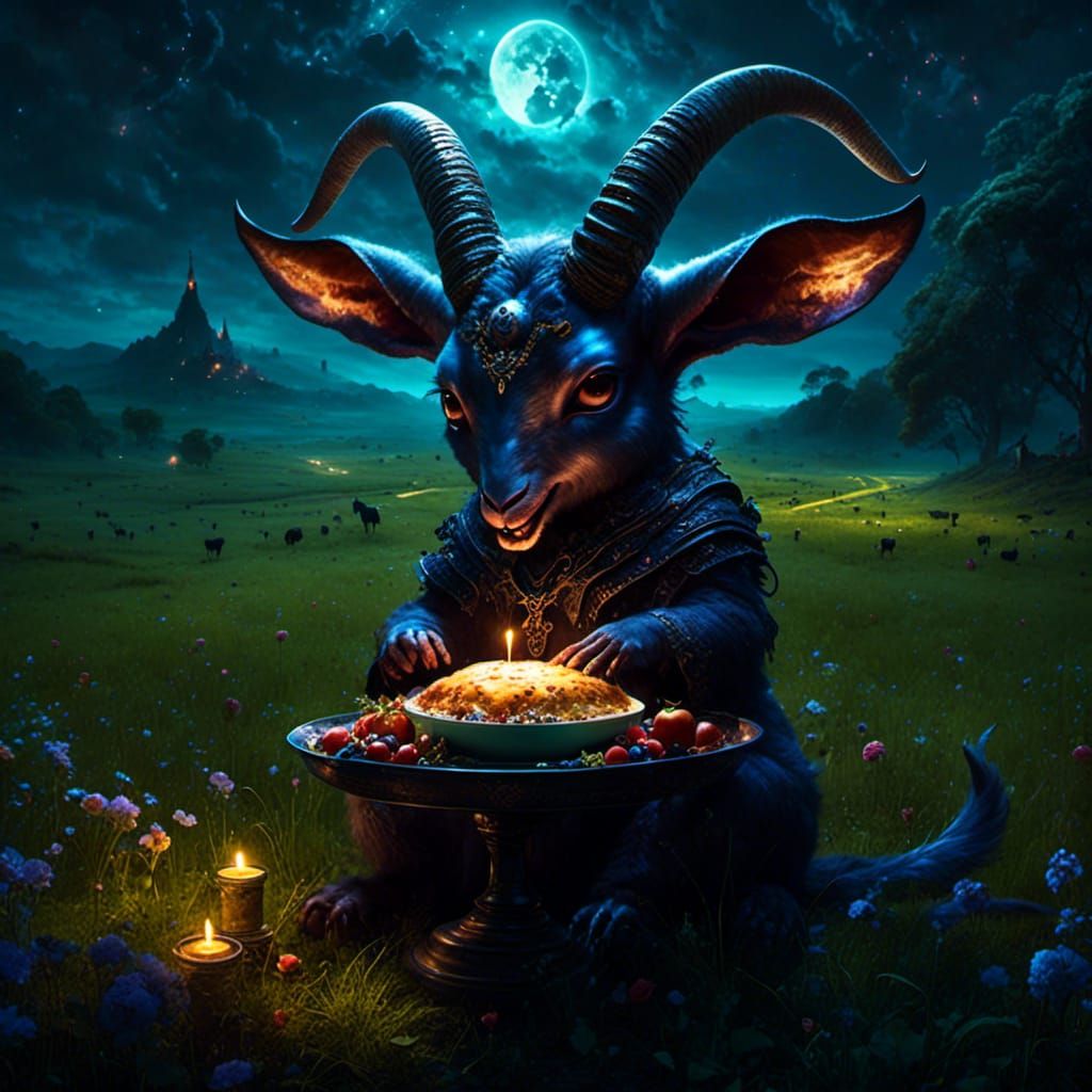 Cute Baby Baphomet Eating Under Night Sky