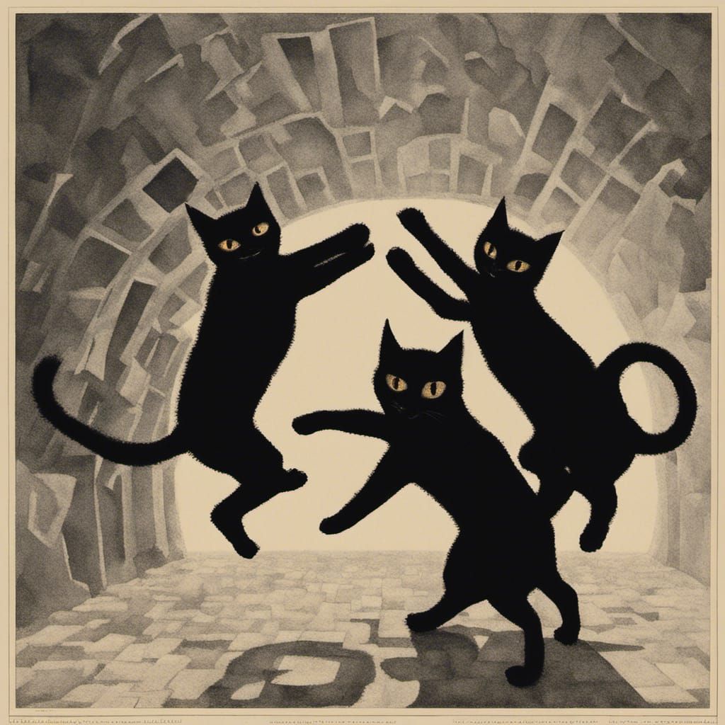 Dancing Black Cats in Pointillist Art Deco Style