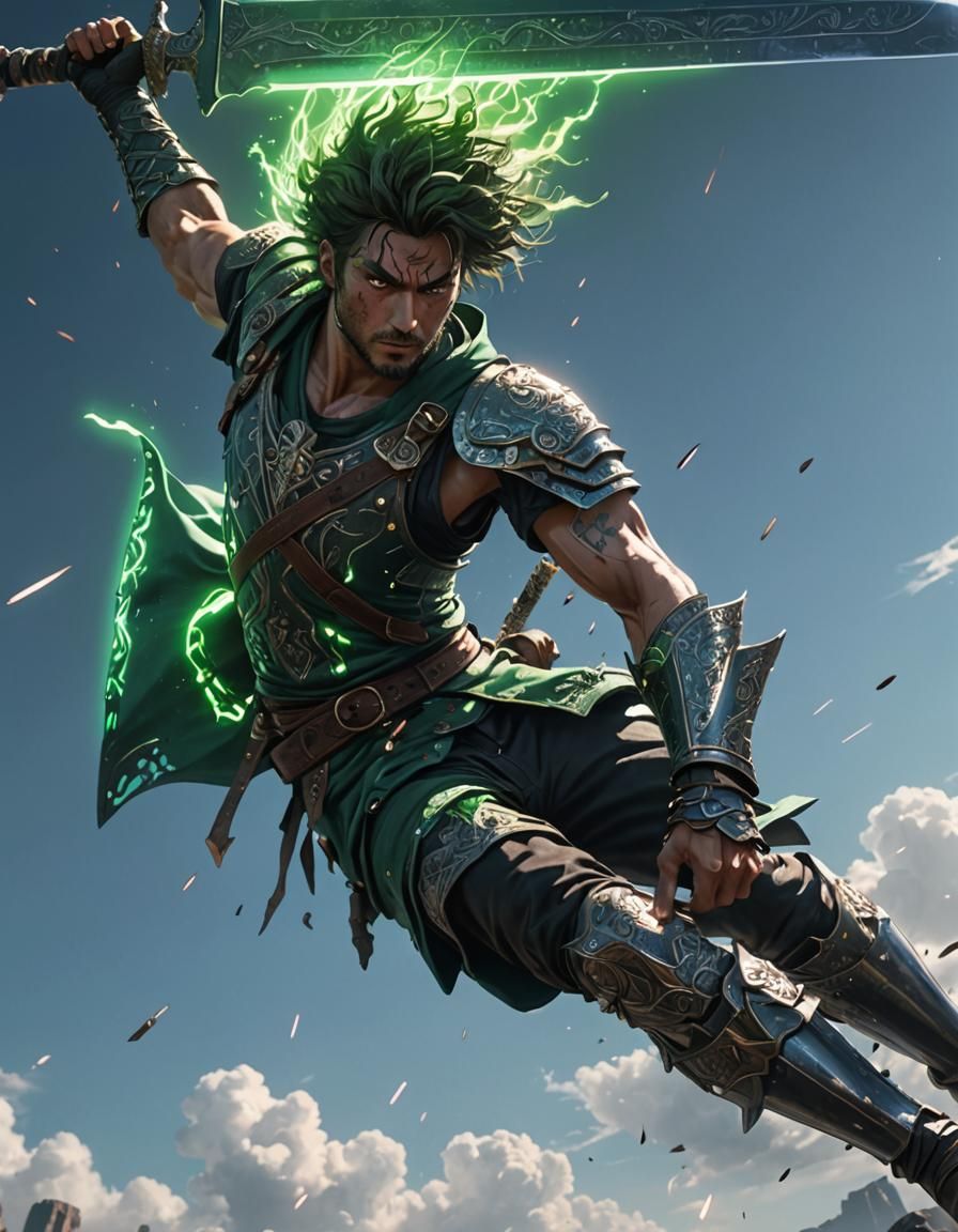 Swordsman Falling From Sky in Neon Outlines