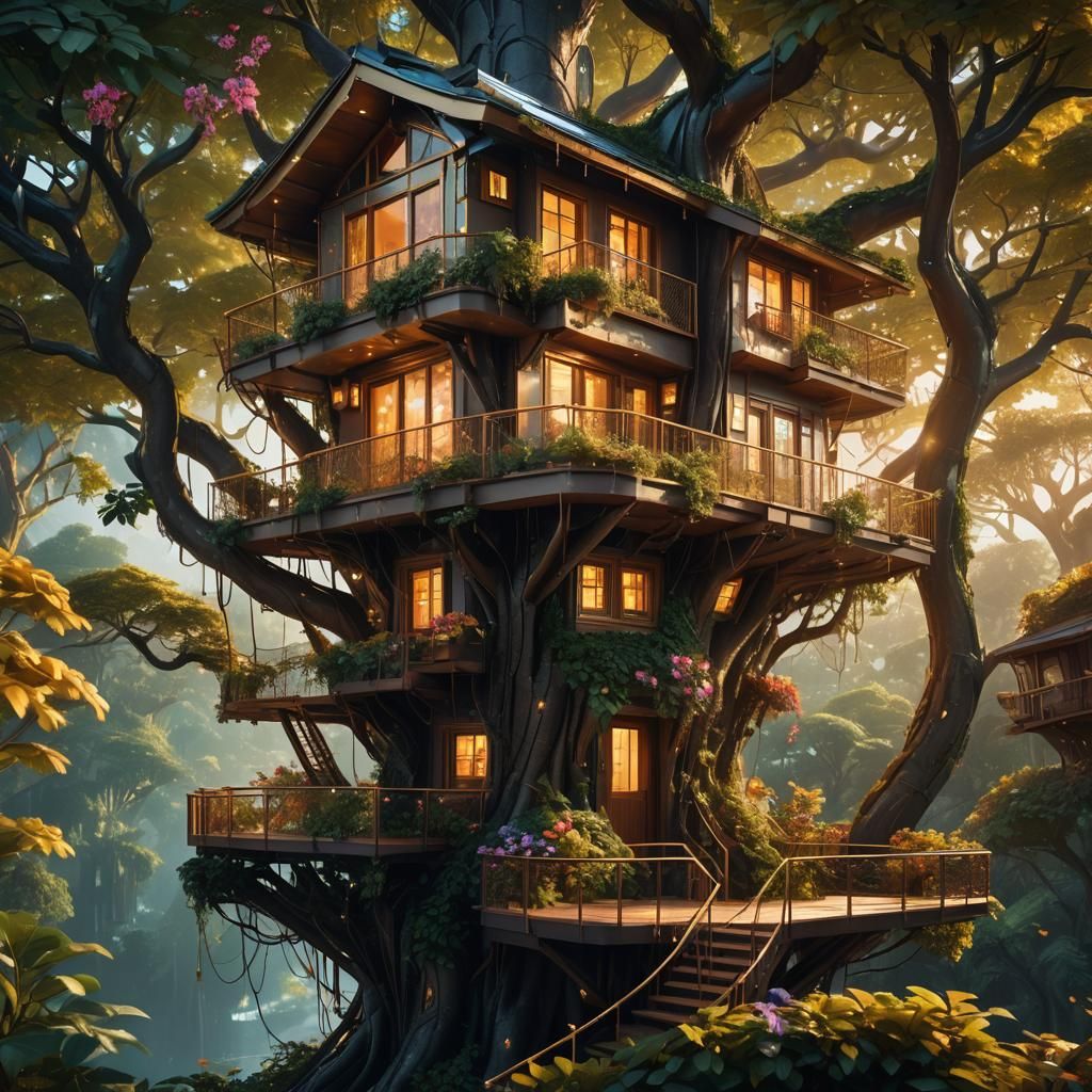Luxurious Futuristic Treehouse Amidst Lush Fantasy Vegetatio...