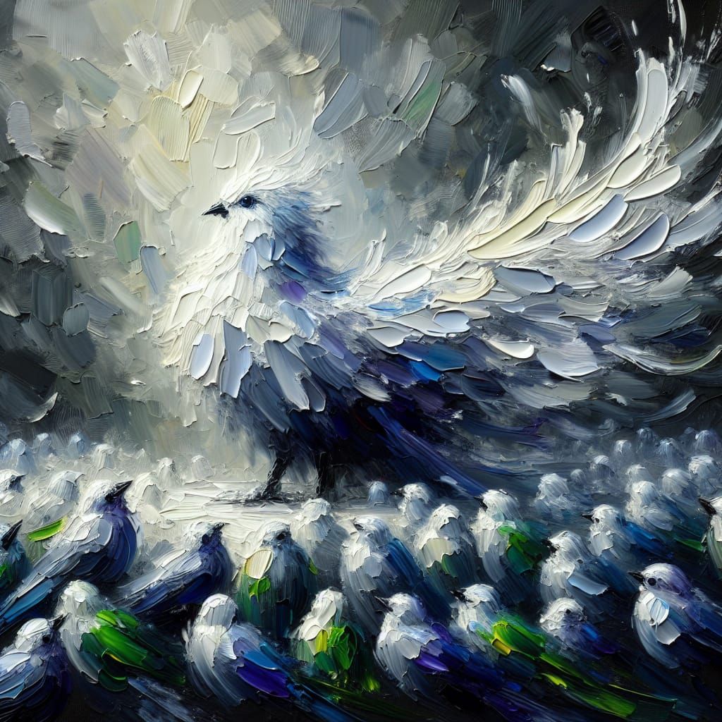 Impasto Painting of Majestic White Bird Among Flock