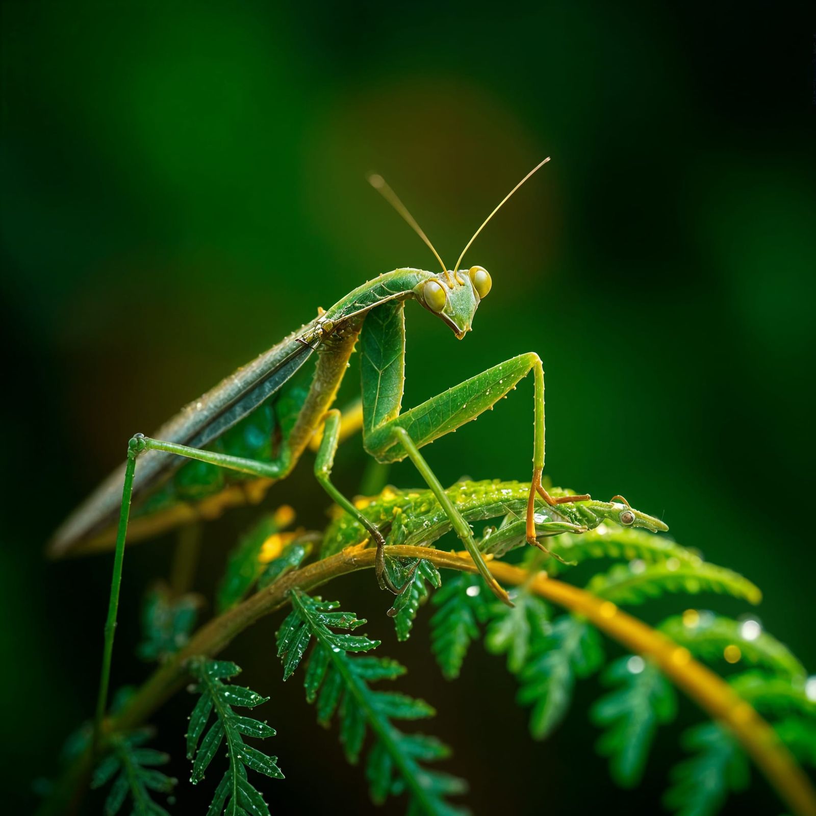 Vibrant Green Mantis in Dewy Forest Scene