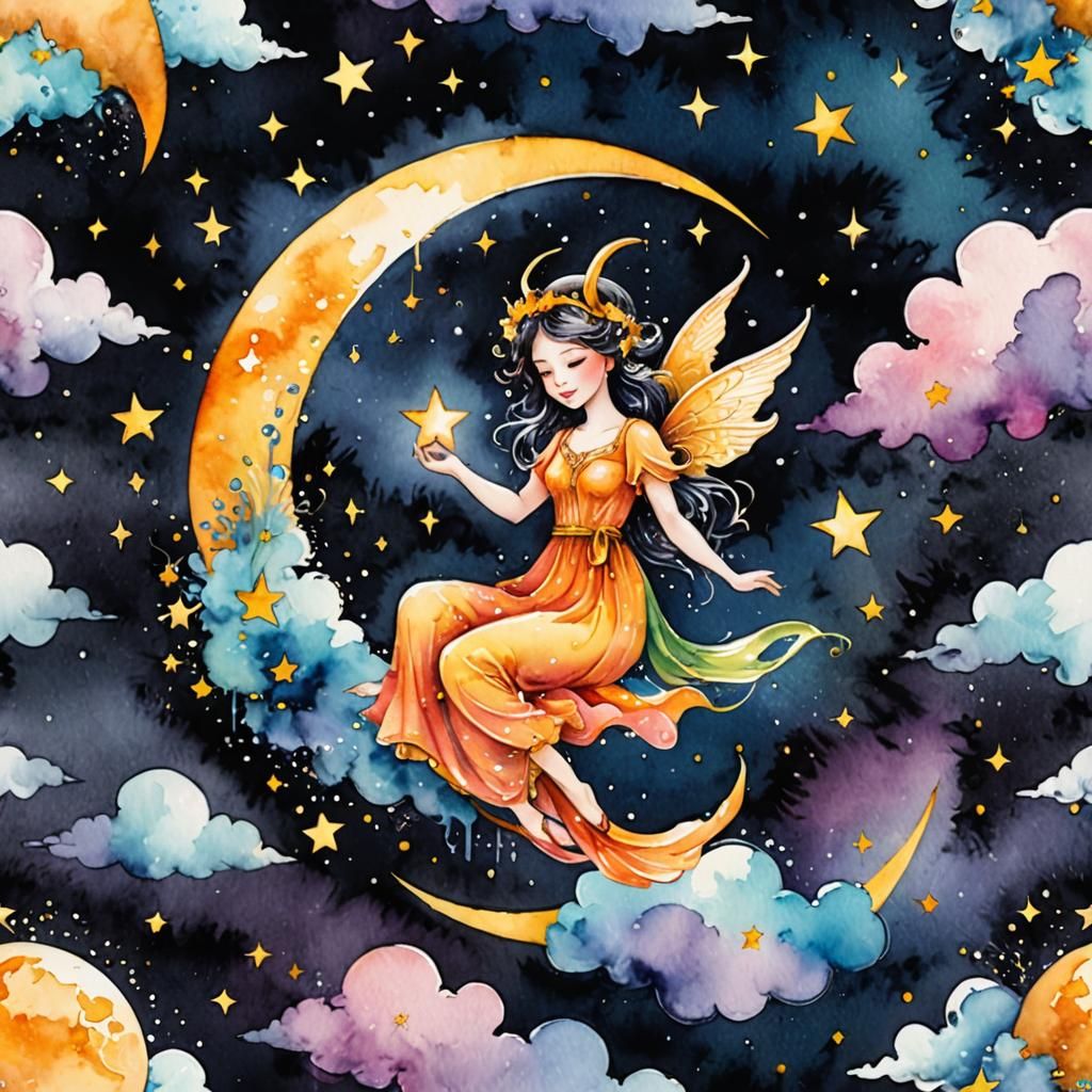 Fairy on Crescent Moon with Watercolor Effect