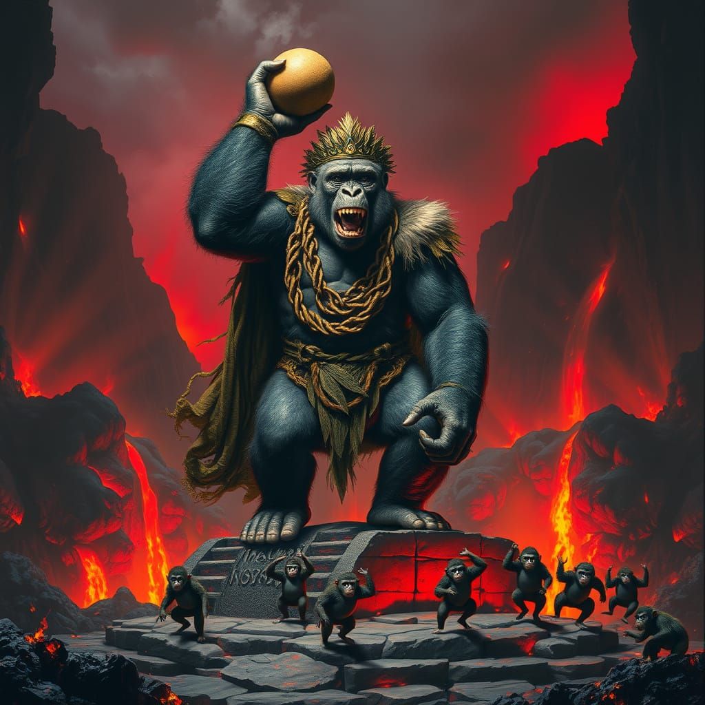 Gorilla King on Lava Altar, Surreal Fantasy