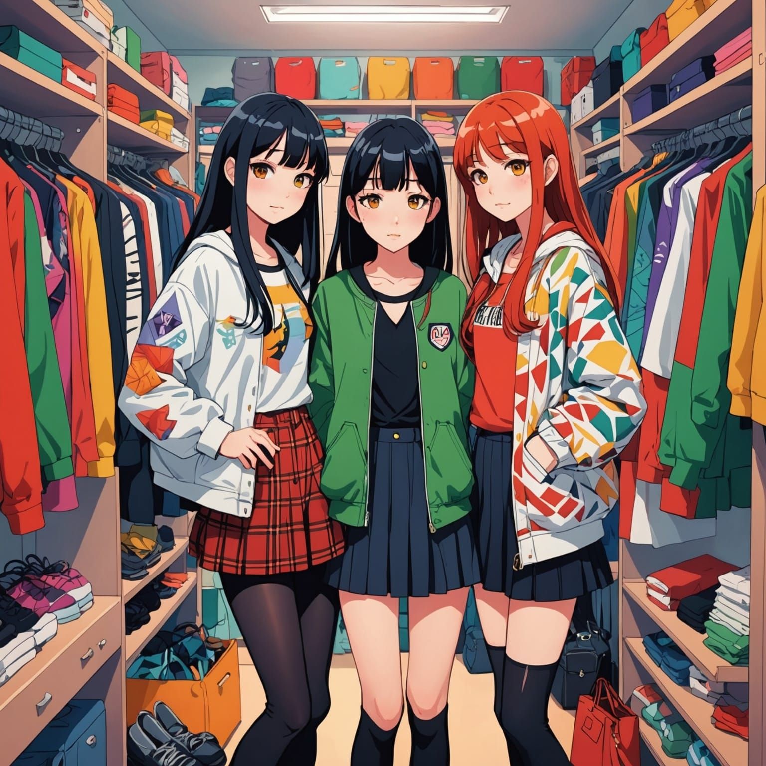 Anime Girls Sharing Clothes in Colorful Dressing Room