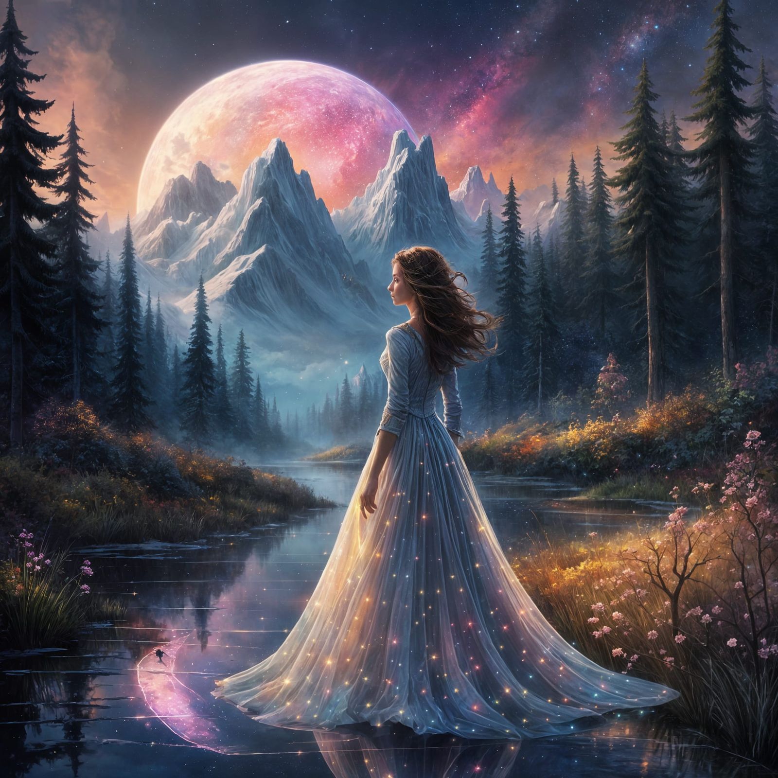 Ethereal Fantasy Goddess Surveys Vibrant Cosmic Landscape