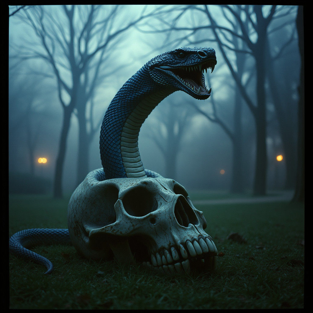 Serpent Emerges from Skull in Misty Park, Cinematic Still