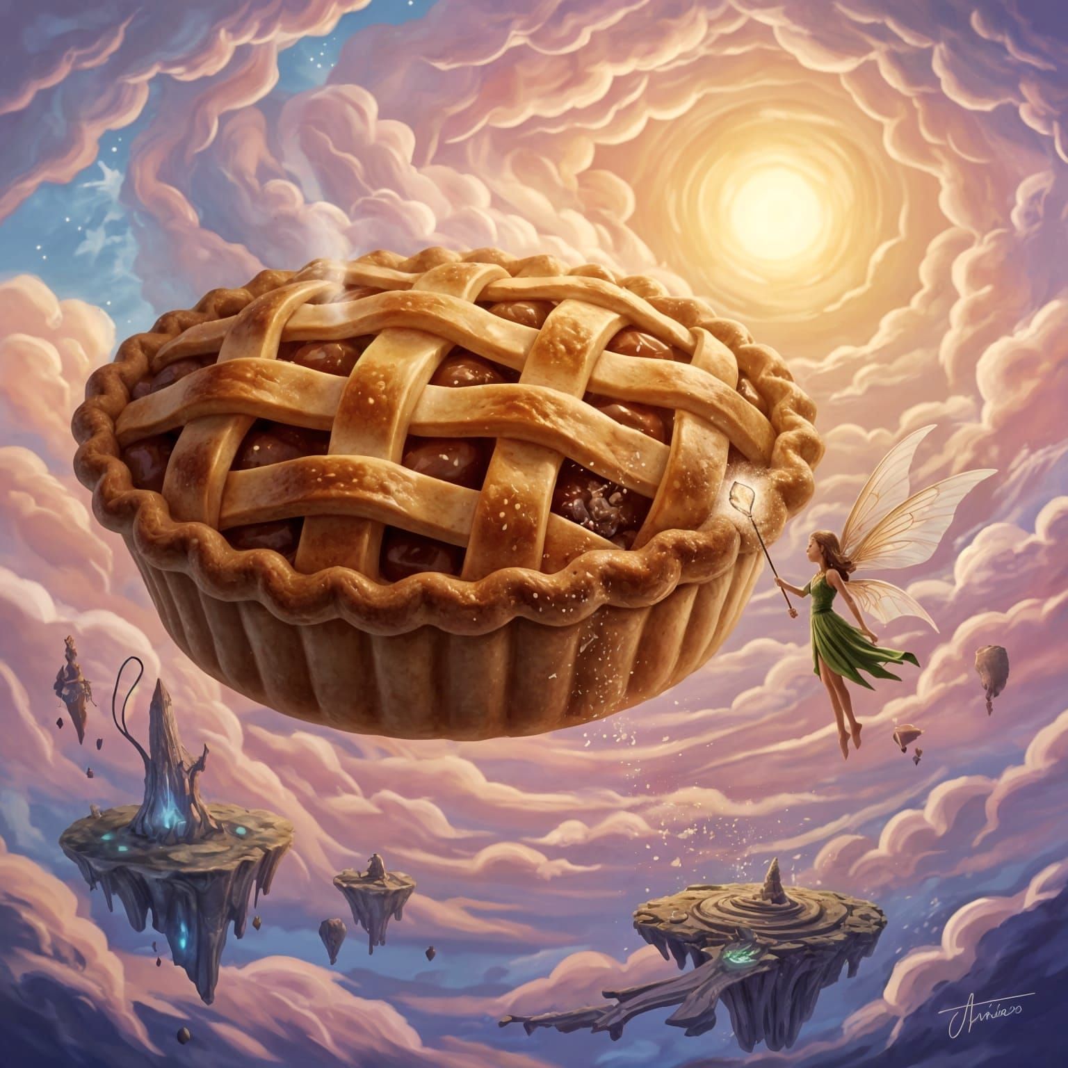 Giant Apple Pie Floats in Sky with Fairy