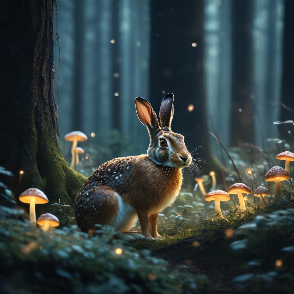 Enchanted Hare in Misty Forest with Glowing Fauna
