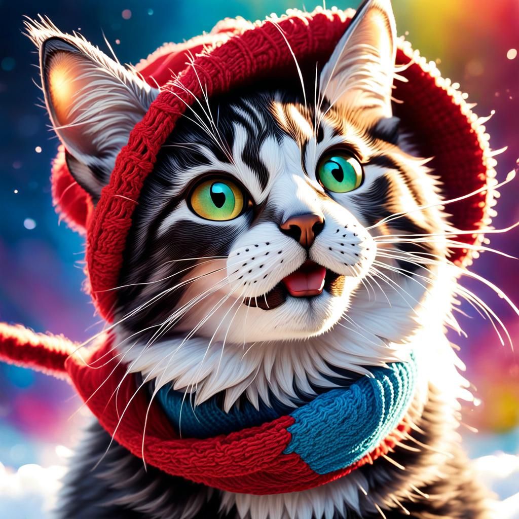 Cute Kitten Runs in Winter Wonderland: Anime Art