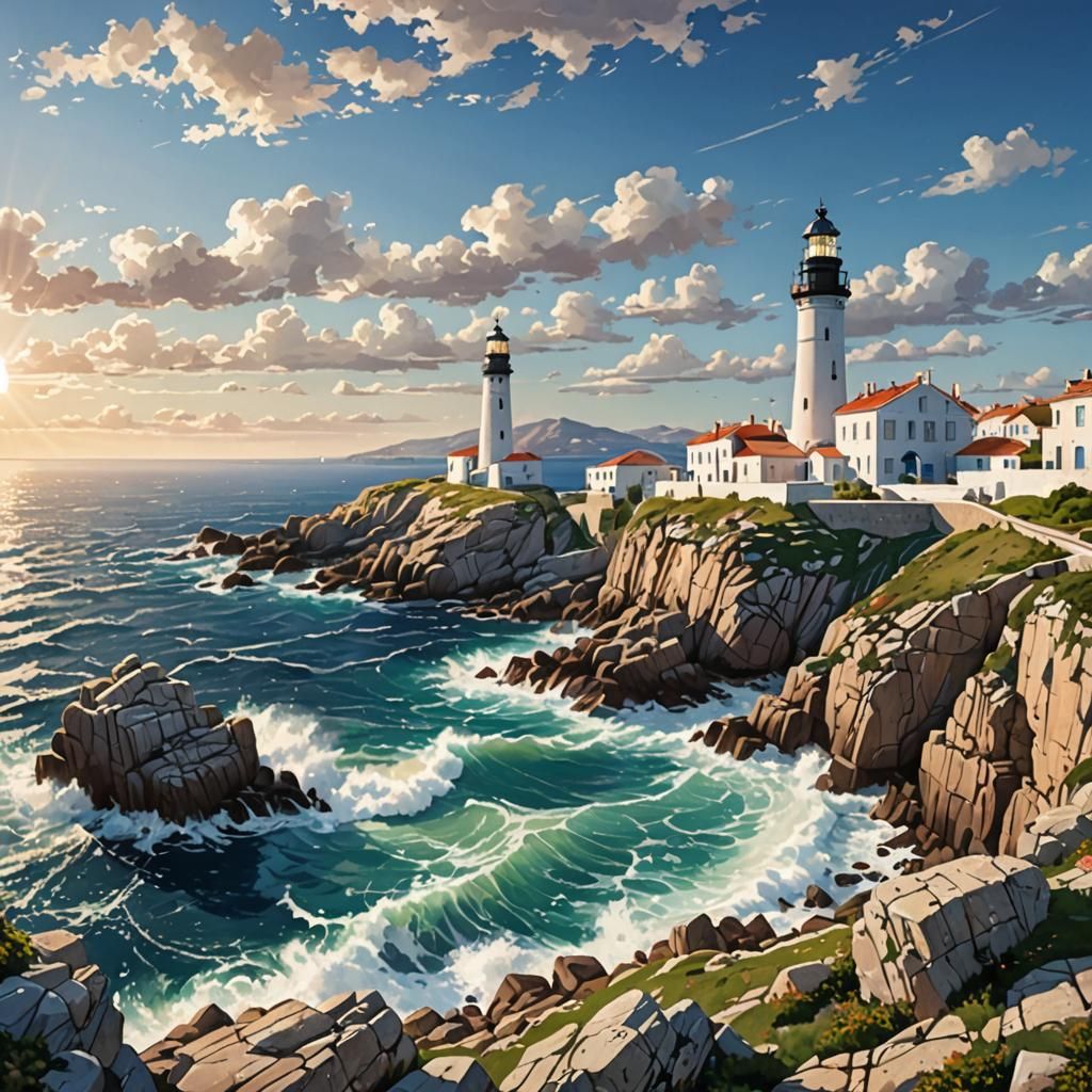 Faros Island Lighthouse Shines at Sunset