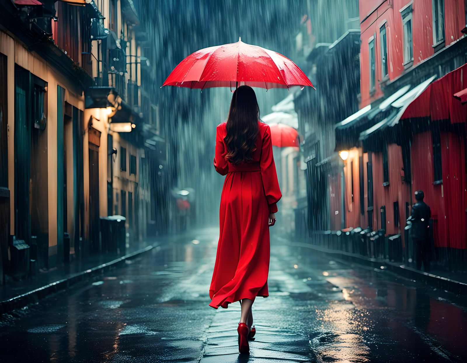 Woman in Red Dress Under Rainy Street