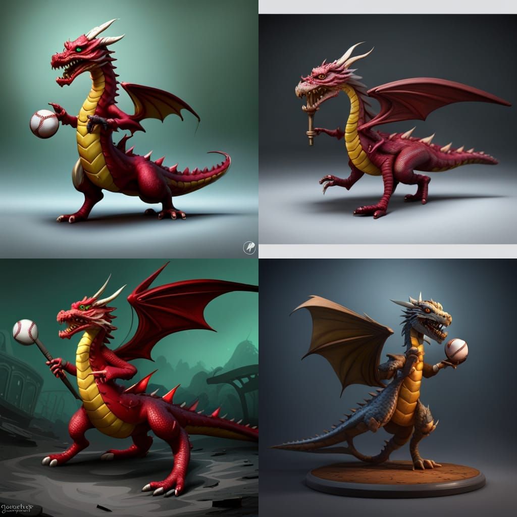 Fantasy Dragon Plays Baseball: Detailed Digital Art