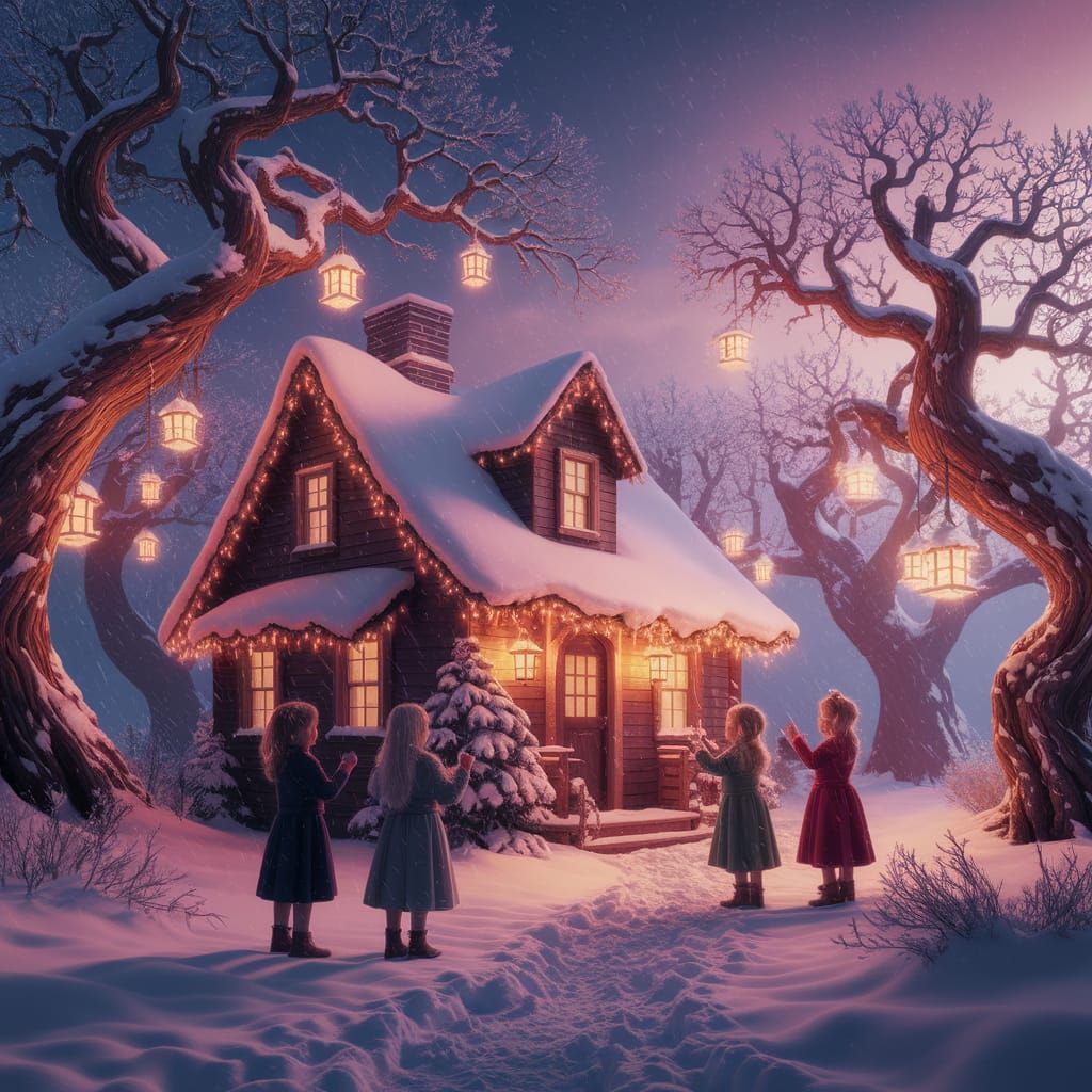 Children Singing Carols in Twilight Matte Painting