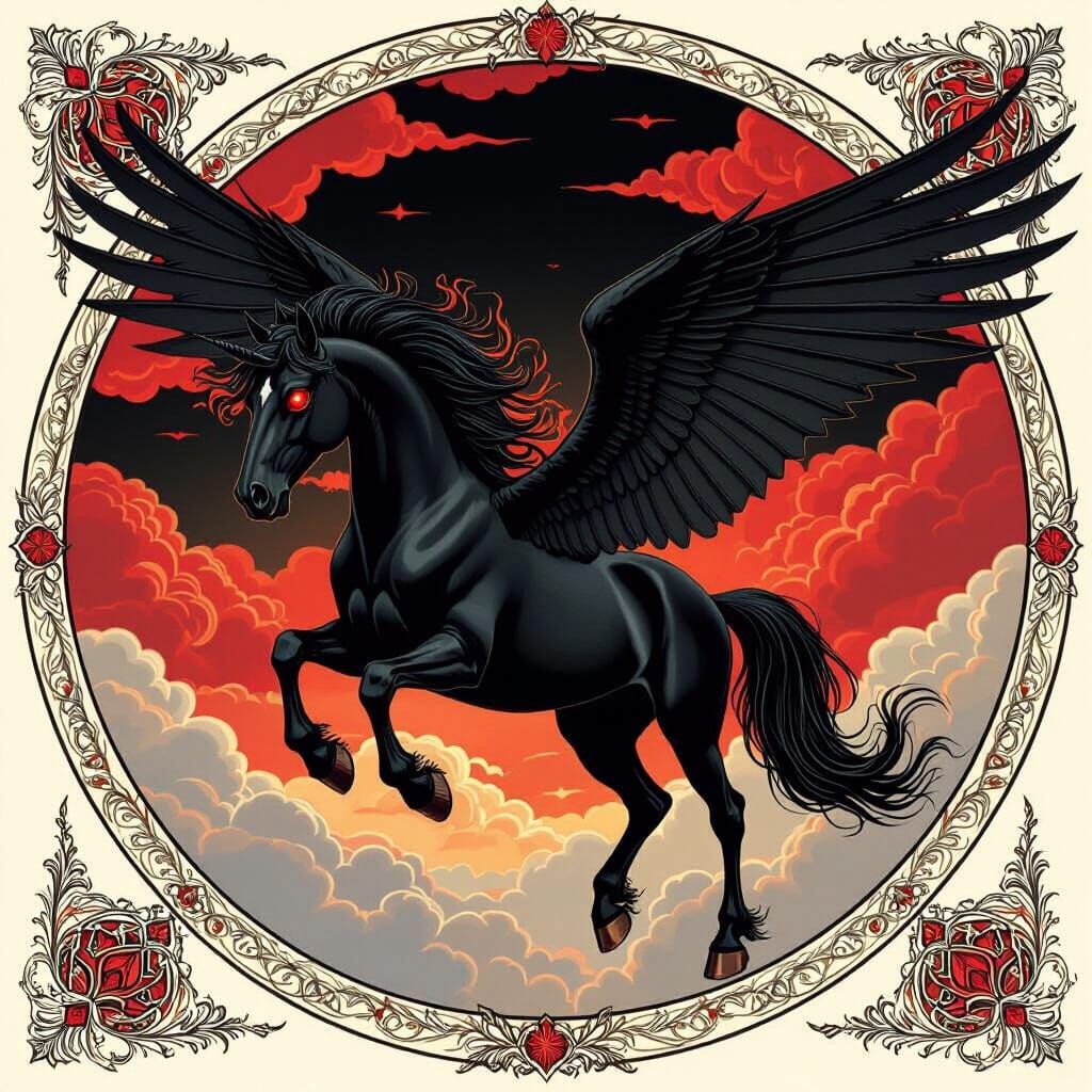 Fiery Black Pegasus with Bat Wings in Art Nouveau Style