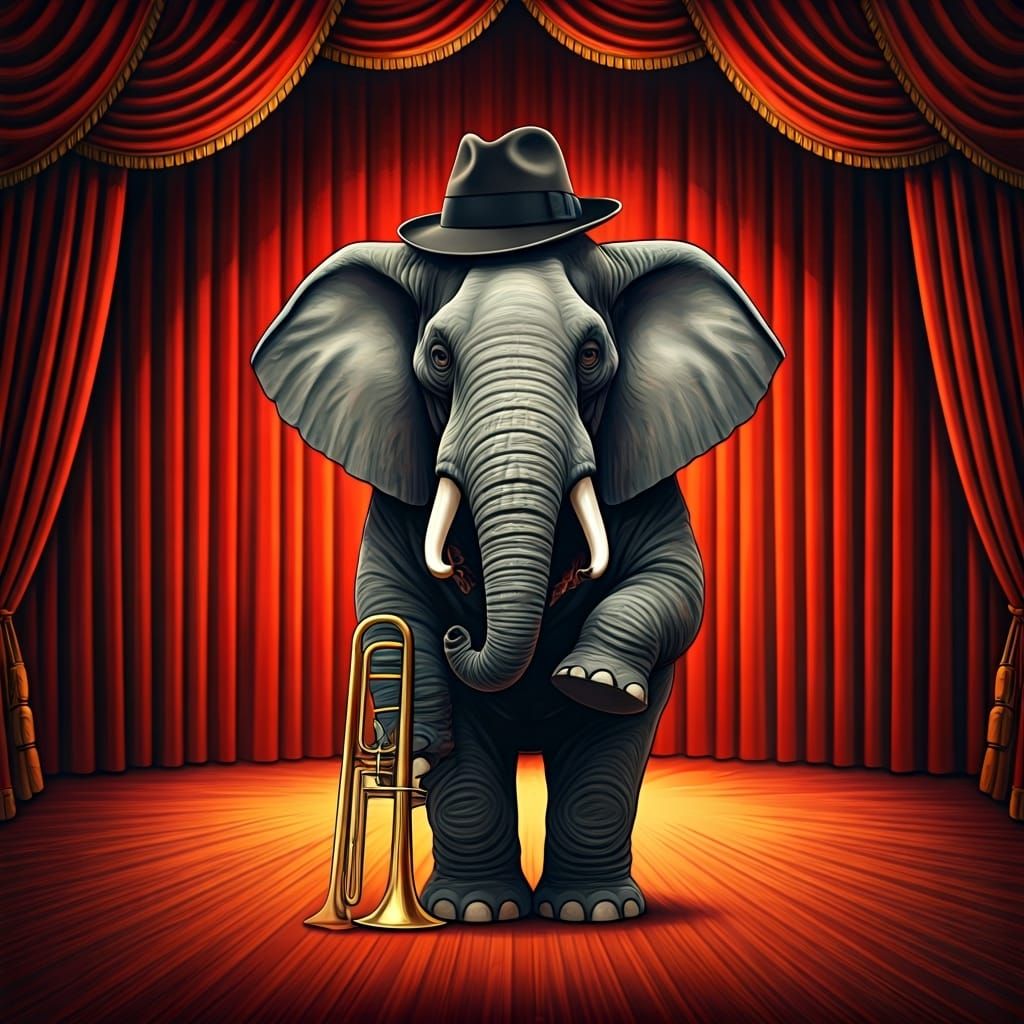 Elephant Trombonist on Circus Stage, Whimsical Art