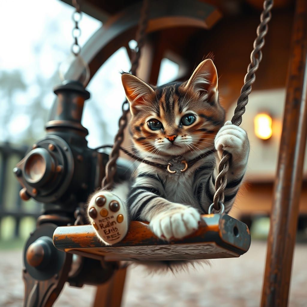 Cat Soars Through Steampunk Swing