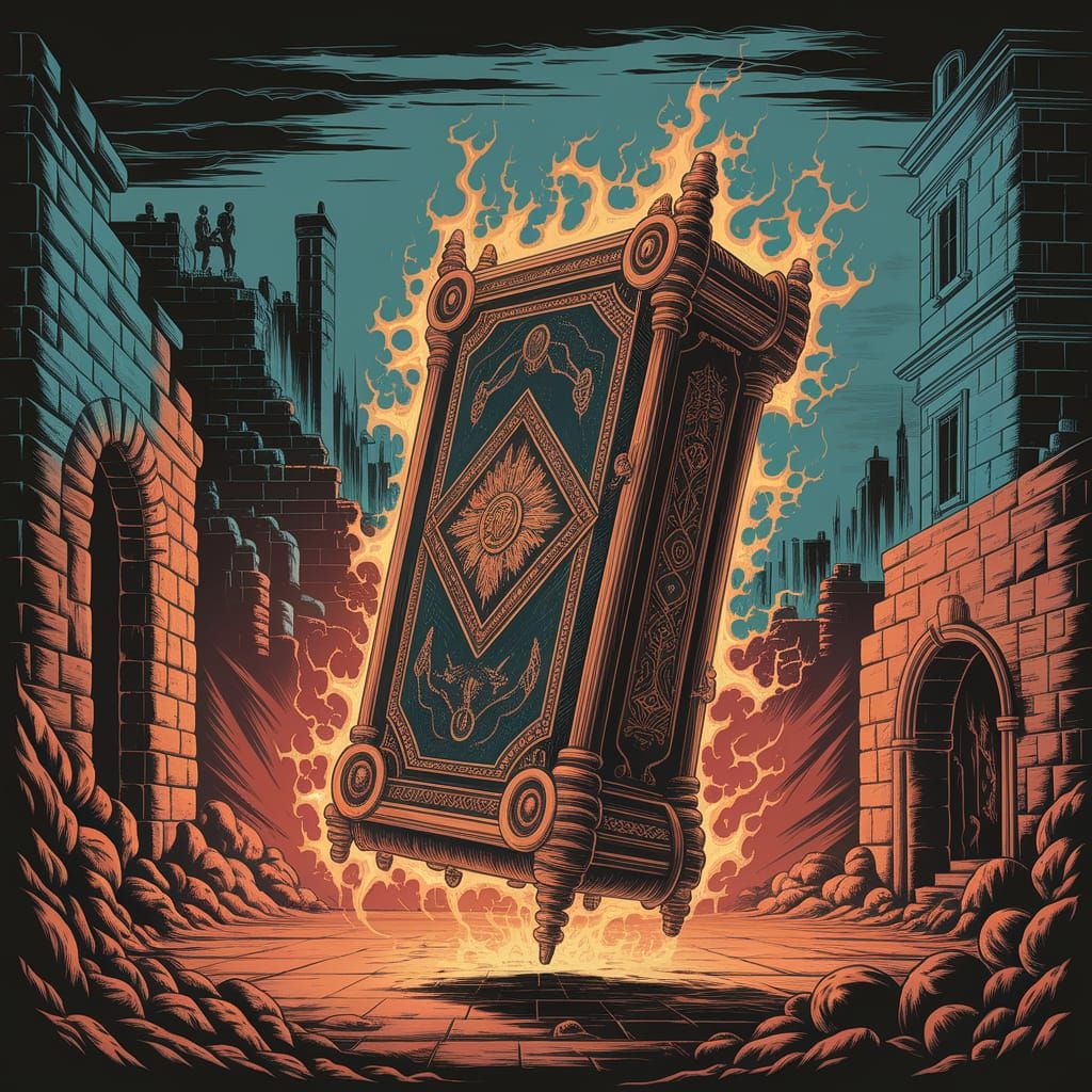 Glowing Cursed Manuscript Illustration in Ruins