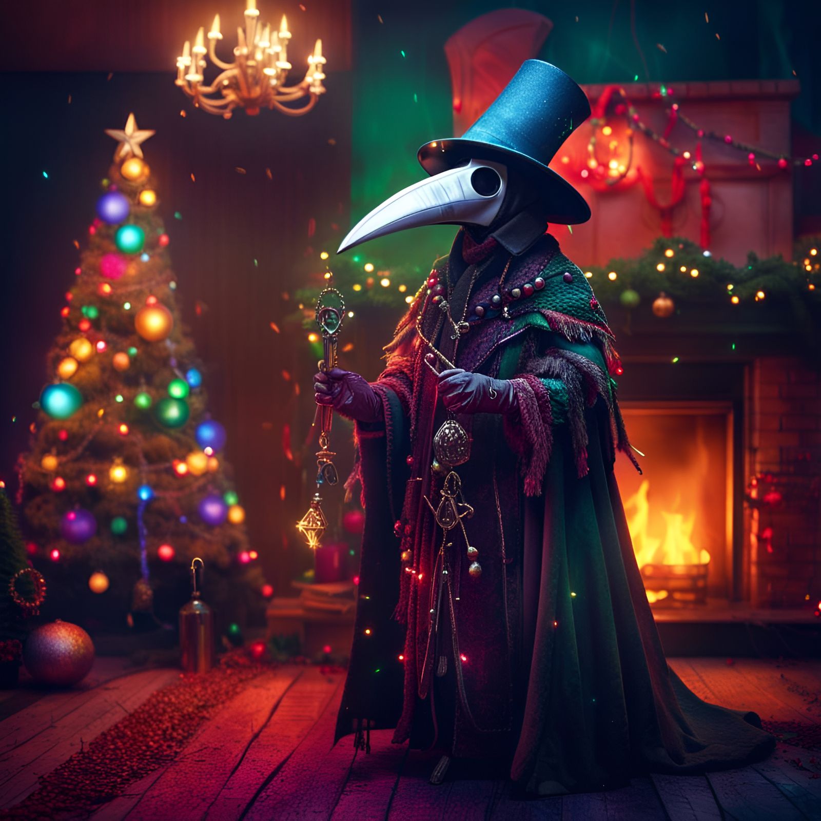 Festive Christmas Plague Doctor with Christmas Lights