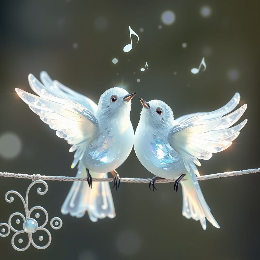 Crystal Birds on Filigree Clothesline with Opal Feathers
