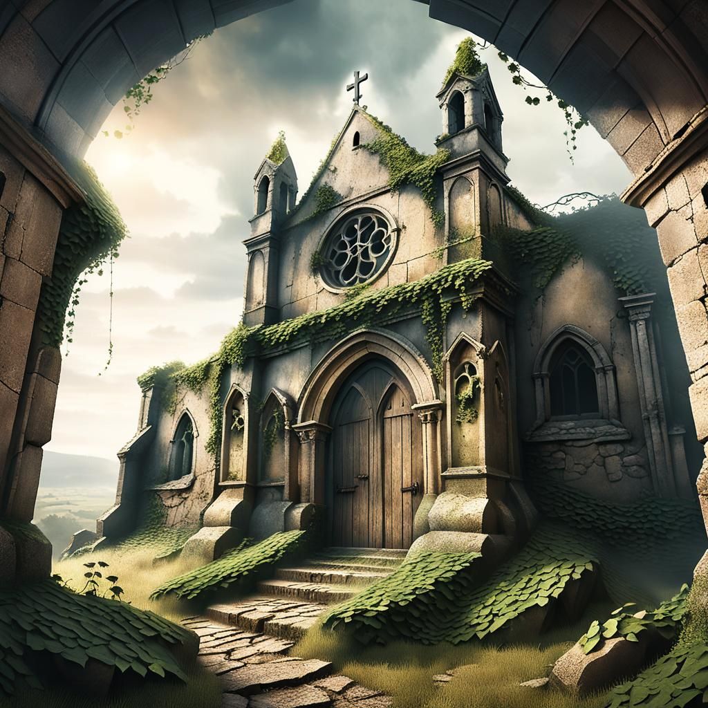 Ruined Chapel on Hill in Atmospheric Digital Painting