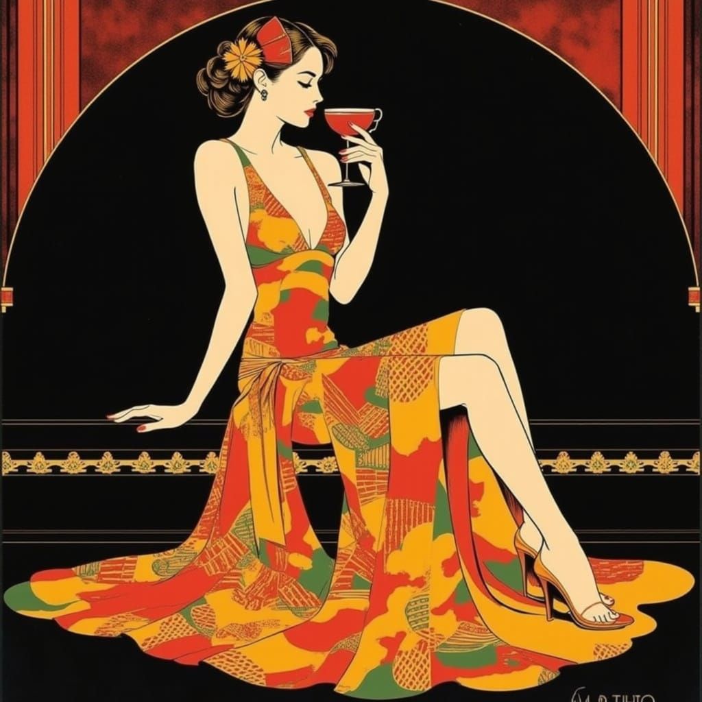 Vibrant Art Deco Lady in Japanese Landscape