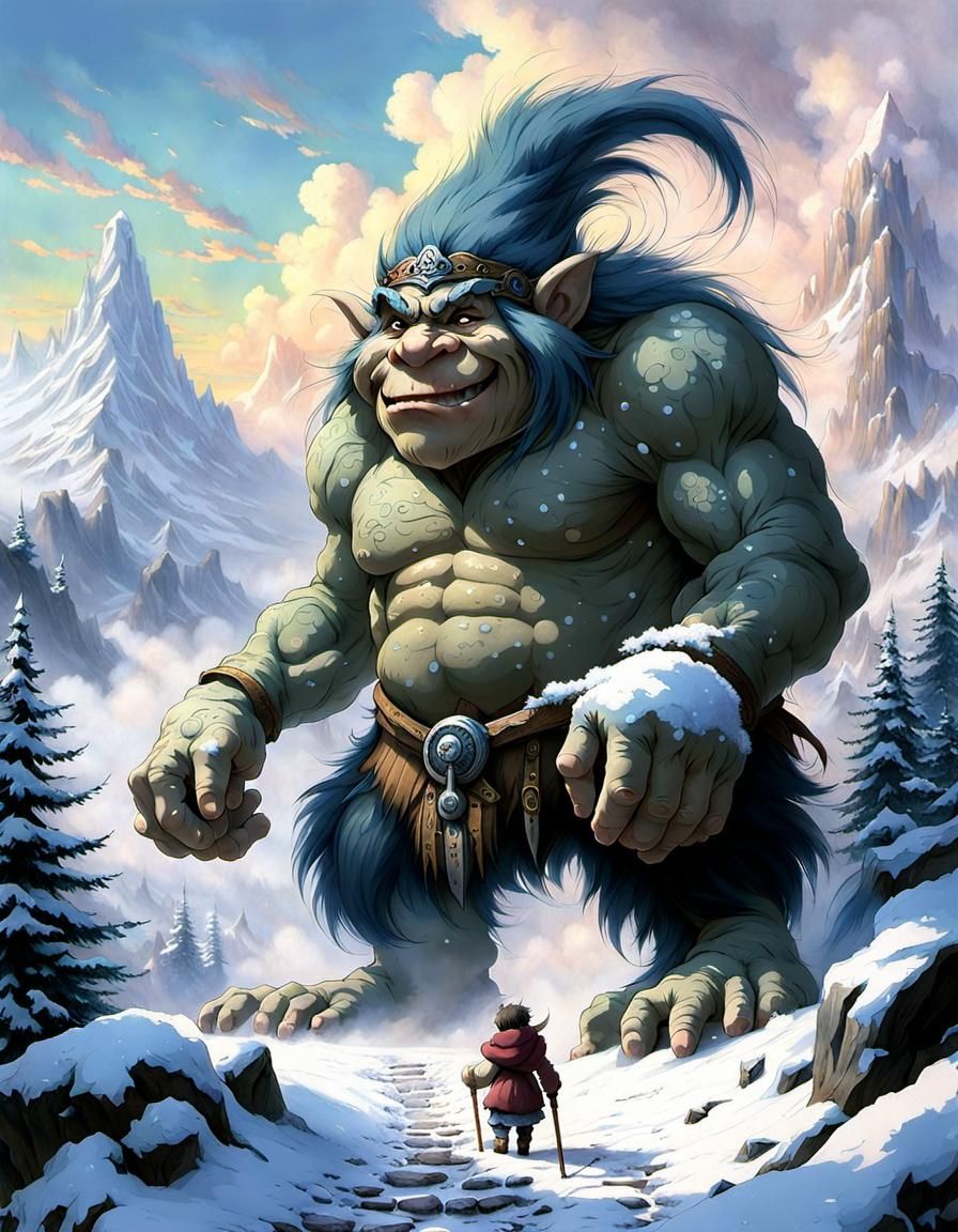 Giant Troll on Snowy Mountain in Anime Style