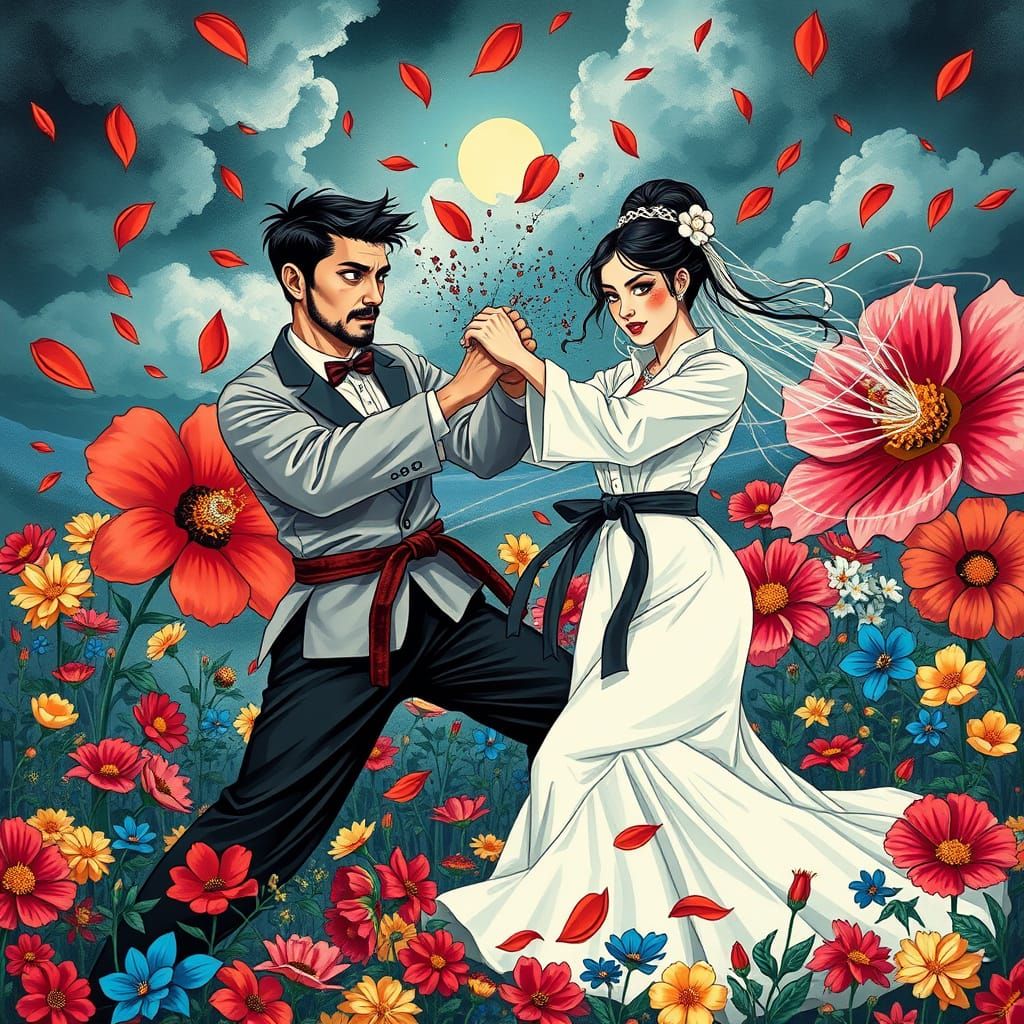Karate Battle of Bride and Groom in Surrealist Style