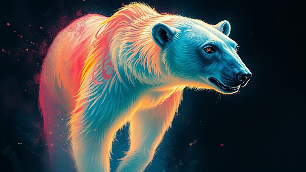 Glowing Polar Bear in Surreal Blacklight Dreamscape
