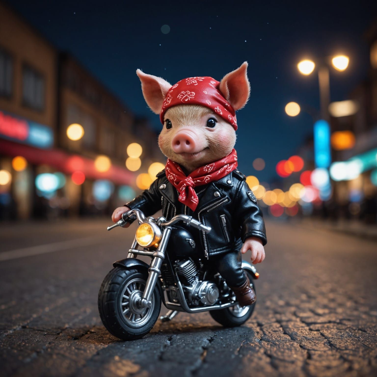 Piglet Biker in Leather Jacket at Night