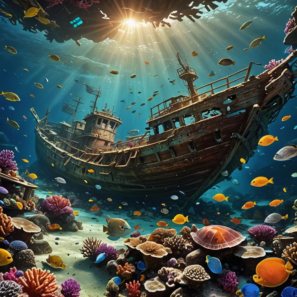 Underwater Shipwreck Scene with Bioluminescent Coral