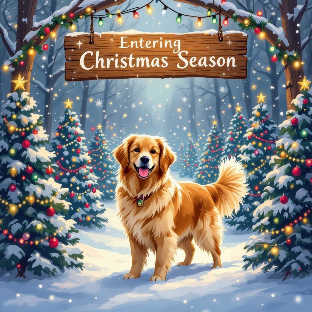 Golden Retriever in Festive Christmas Forest