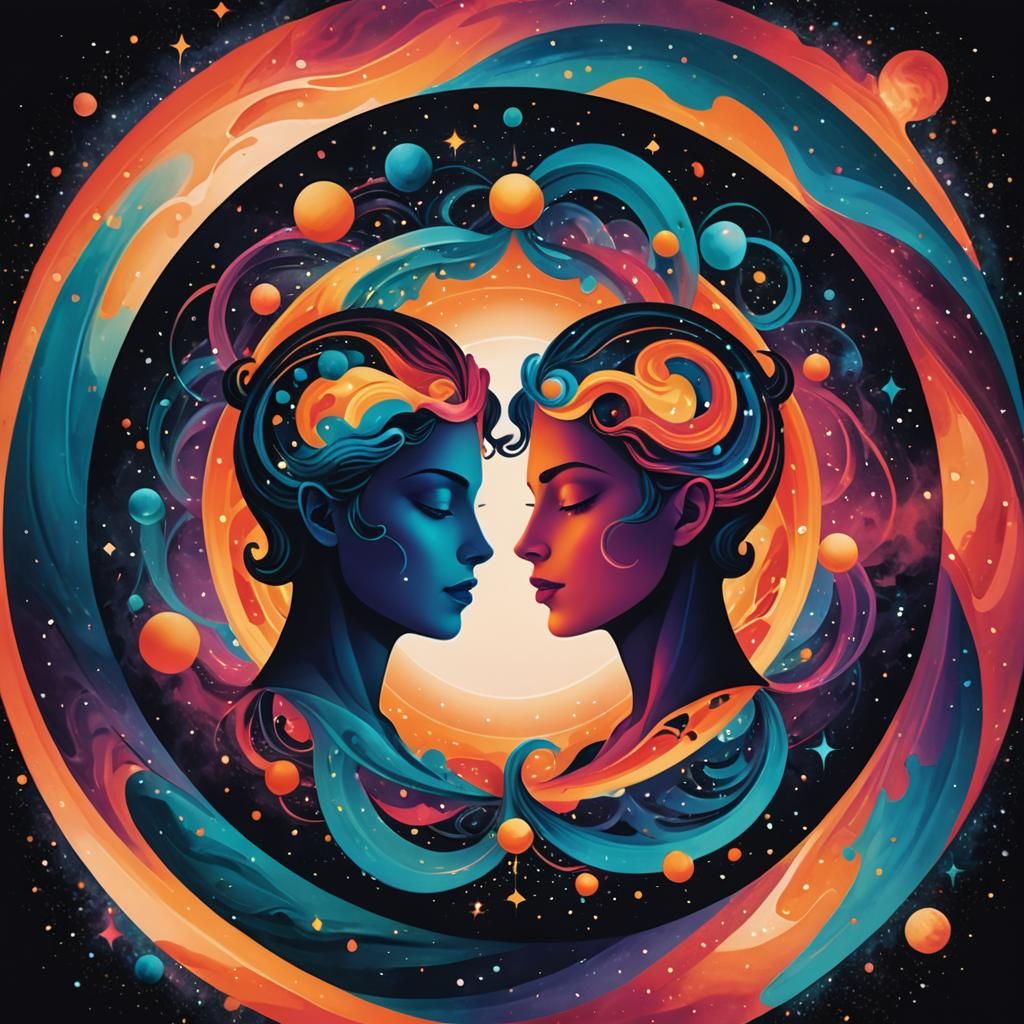 Surreal Gemini Logo: Cosmic Dancers in Celestial Swirl