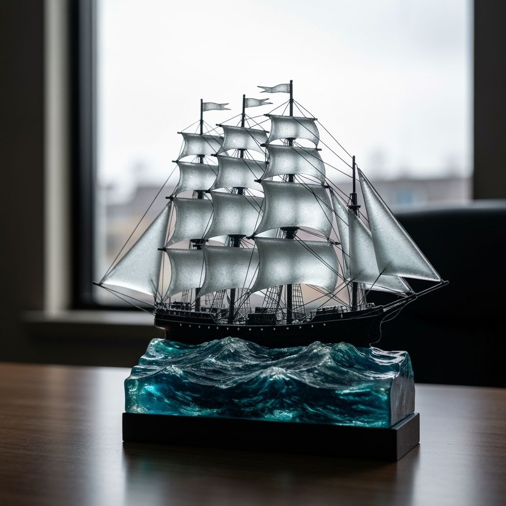 Sea Glass Clipper Ship Sculpture on a Desk