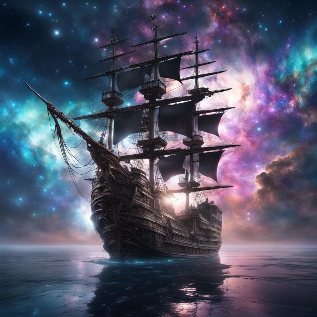 Glass Pirate Ship Sailing the Galaxy: Digital Matte Painting