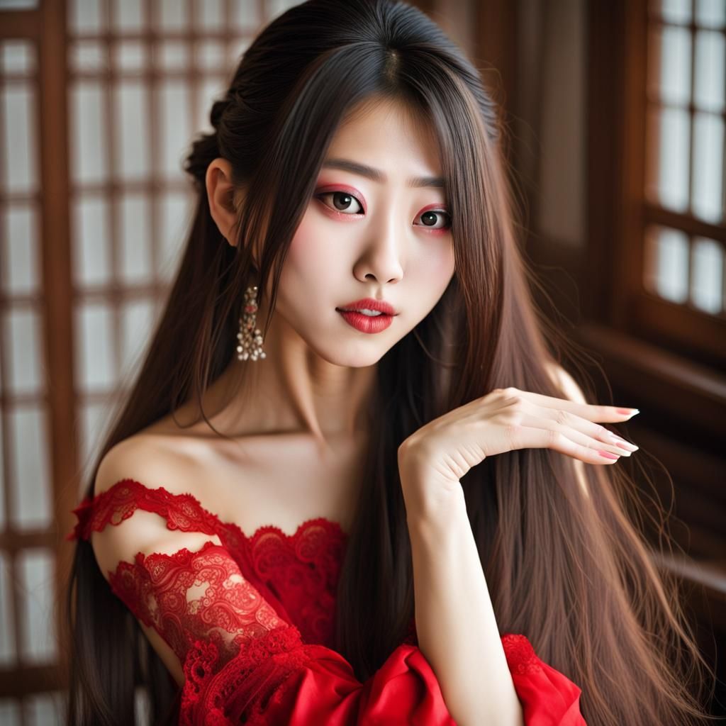 Beautiful Japanese Girl with Red Lace Top