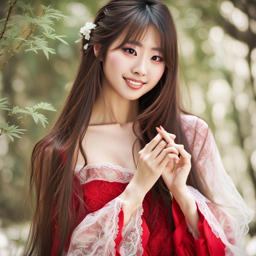 Hyperrealistic Japanese Girl with Red Lace Top