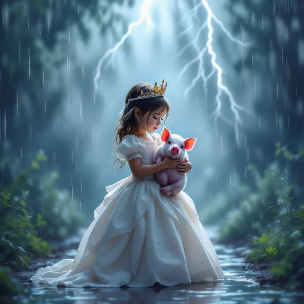 Girl in Princess Dress with Piglet in Dramatic Storm