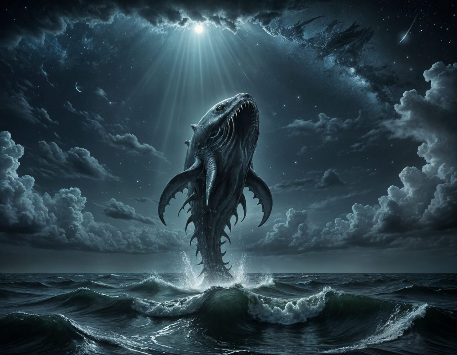 Surreal Sea Monster Emerges Under Moonlight