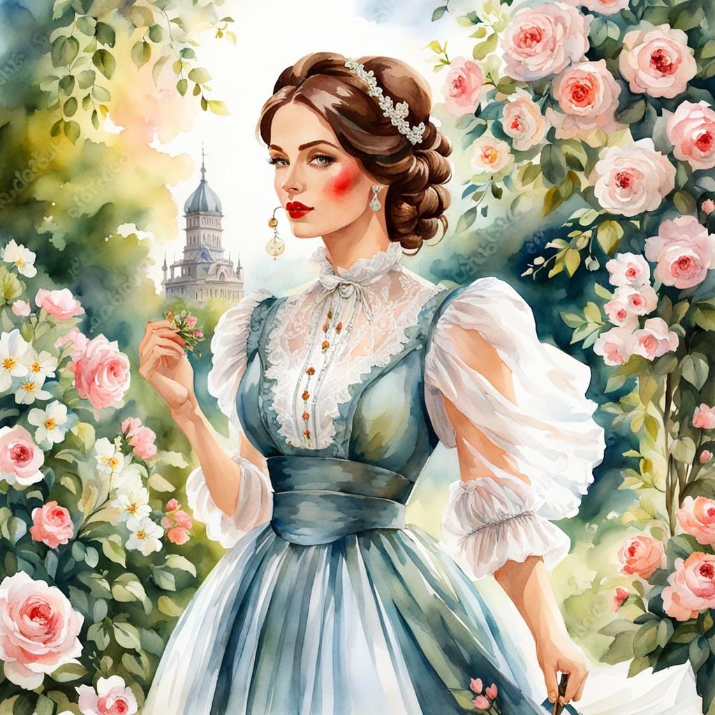 Victorian Girl in Rose Garden Watercolor Painting