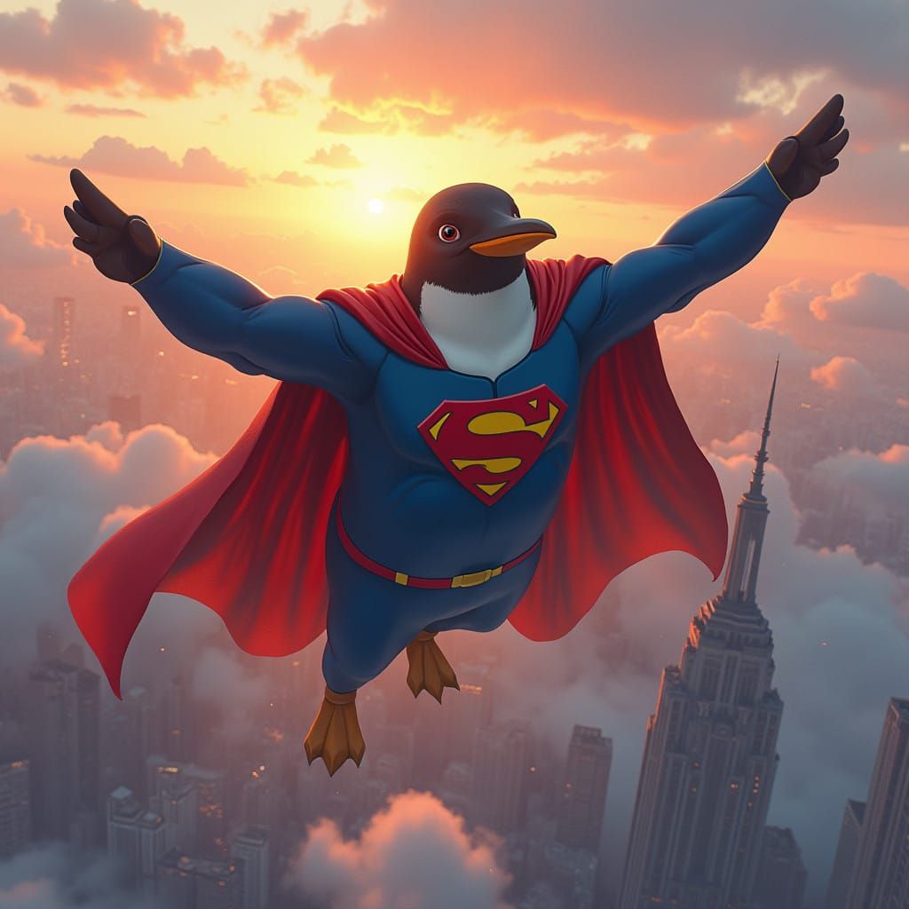 Superman Penguin Soars Through City Sky