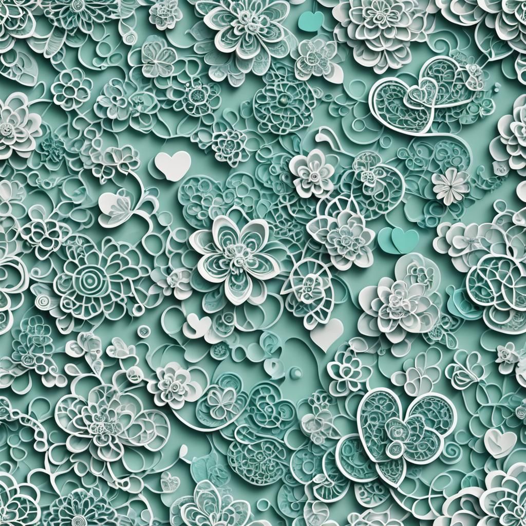 Aqua Teal Hearts and Flowers Abstract Design