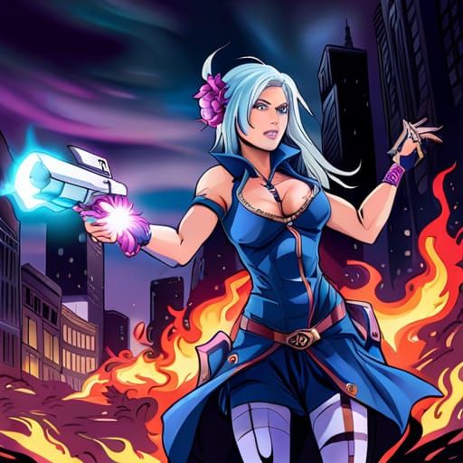 Cosmic Girl Boss Battles Cyberpunk in Detailed Art
