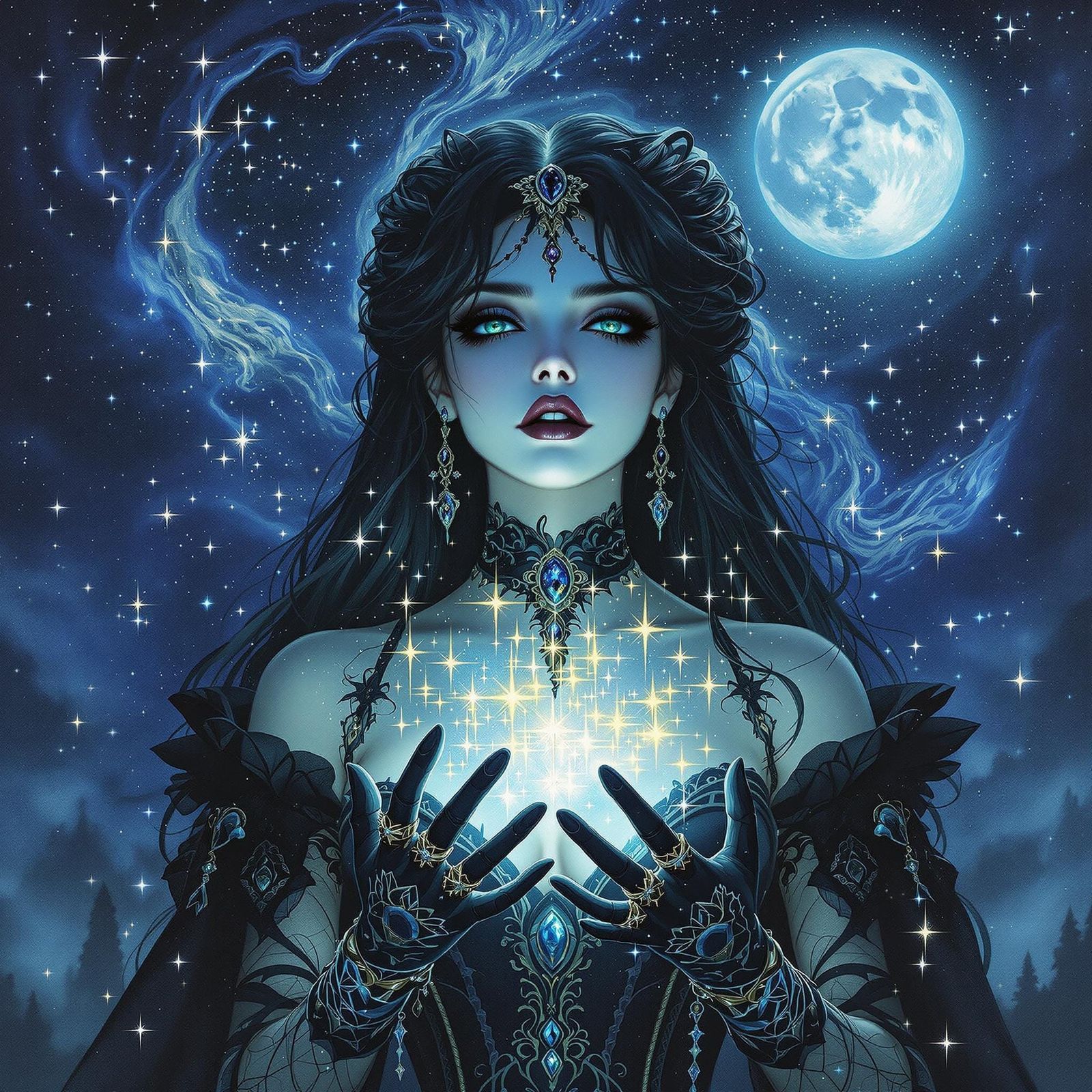 Gothic Lady with Stars in Oil Watercolor Style